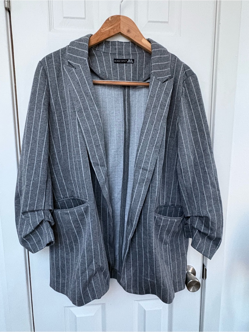 Black Tape_ Gray Pinstripe Open-Front Blazer